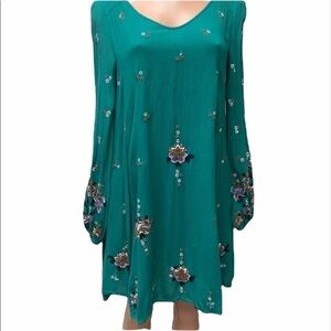 Free people Womens Green Embroidery Round Neck Long Sleeve Tunic Dress Size XS